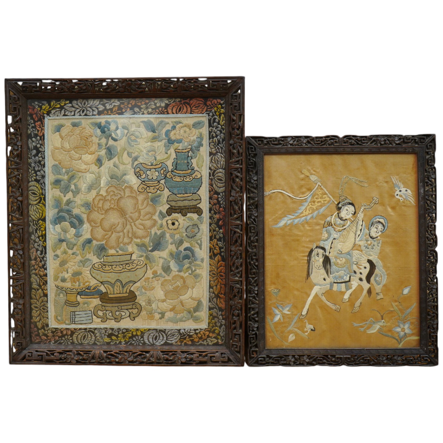 Two 19th century Chinese silk embroideries, one of a Chinese a musician on horseback and a boy behind carrying a banner, the other a Chinese knot floral embroidery of vases of flowers with brocade border, both embroideri